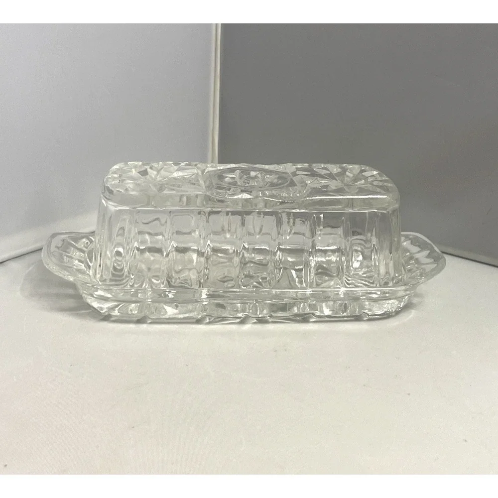 Anchor Hocking Butter Dish Star of David Covered With Lid Clear Glass Vintage